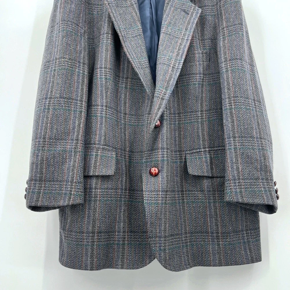Men's Pendleton Blazer Jacket Wool Dark Blue Plaid‎ Leather Buttons Size 46
